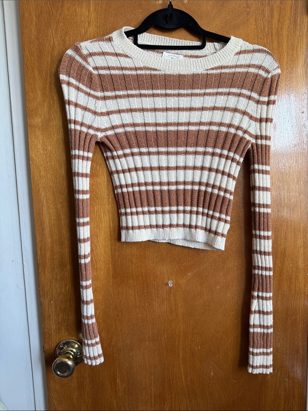 Billabong Cream and Brown Striped Knit Crop Sweater